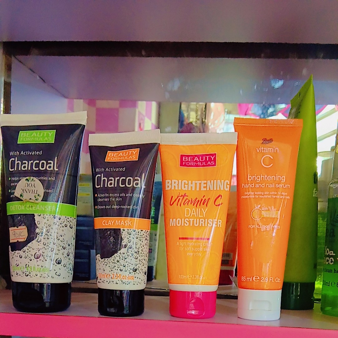 charcoal cleanser, charcoal clay mask,brightening vc moisturiser and closet brightening handcream