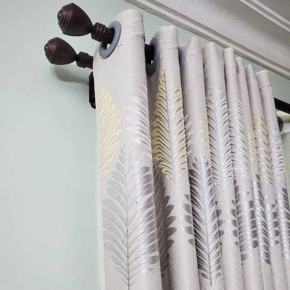 Curtains, nets, blinds, curtain rods, rails, wall hooks, tie backs and installation