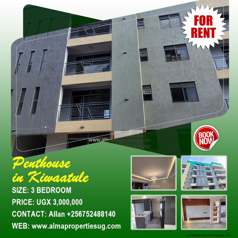 1,2&3 bedrooms apartments for rent in kiwatule at 1.2m ,2.7m and 3.5m for the 3 bedrooms penthouse. there's also an option to own the apartment (rent to own) call 0752488140